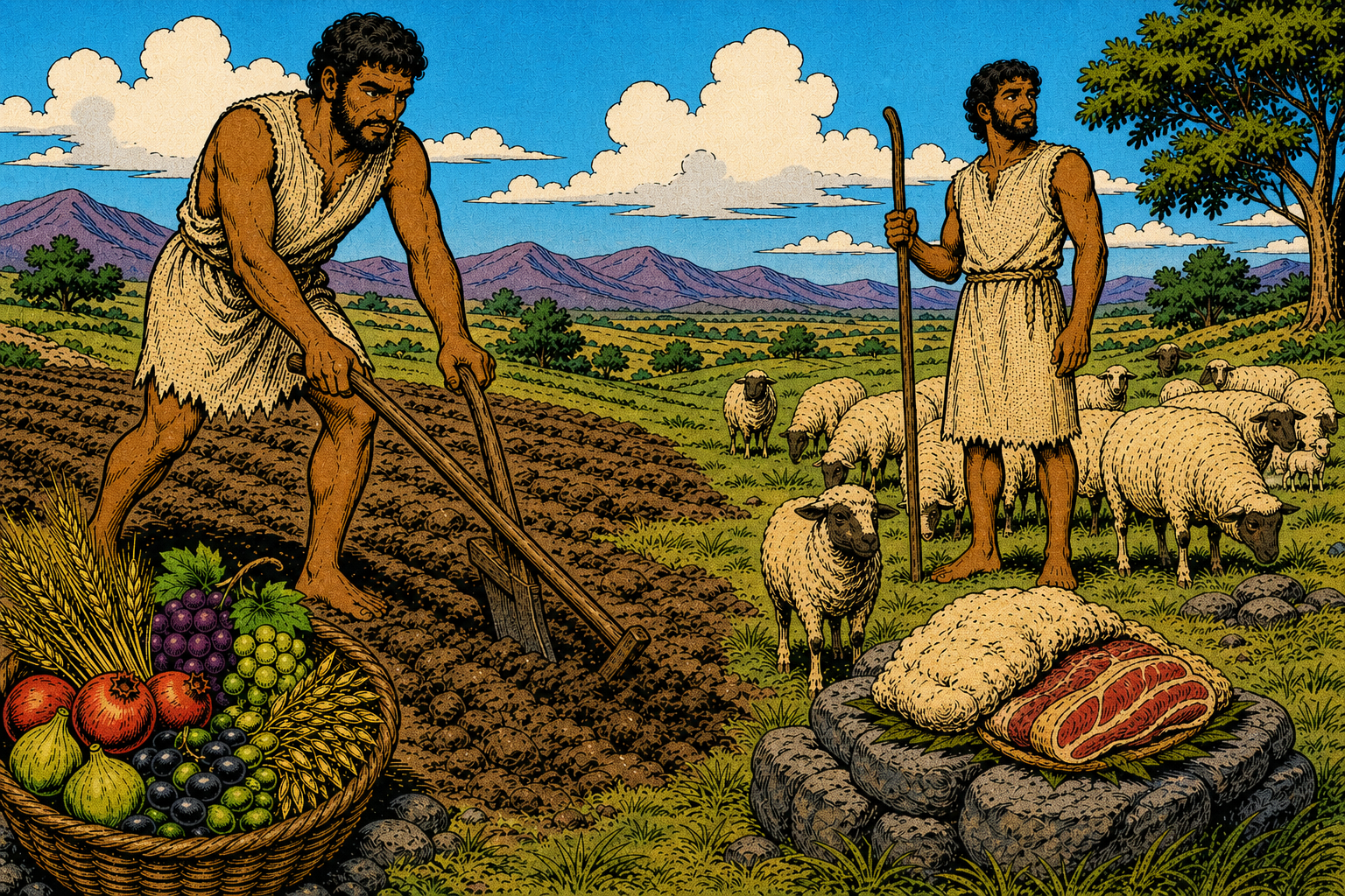 Adult brothers shown in their later occupations; birth narrated rather than visually staged.