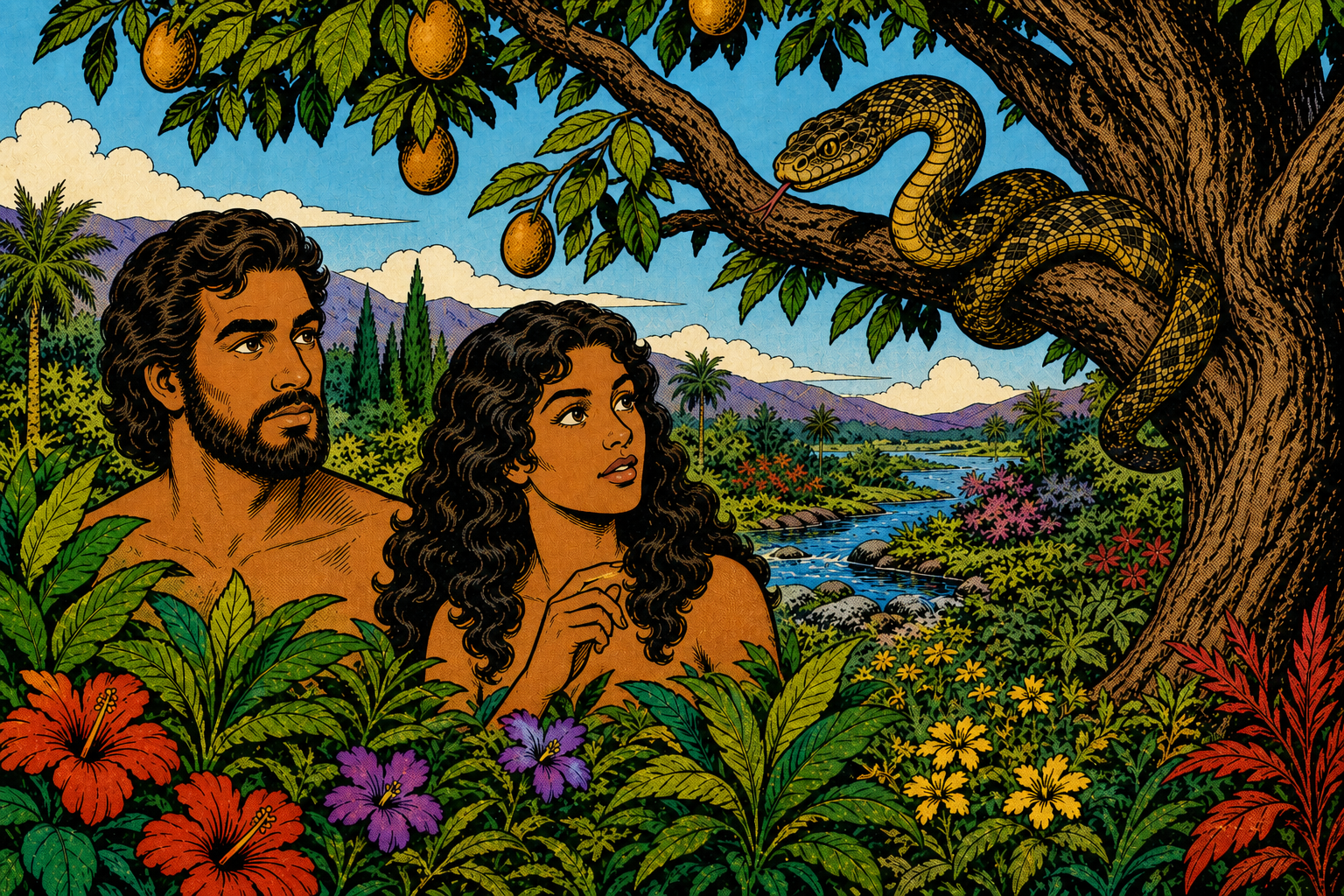 Serpent in tree near woman, fruit species not recognizable as a claimed apple.