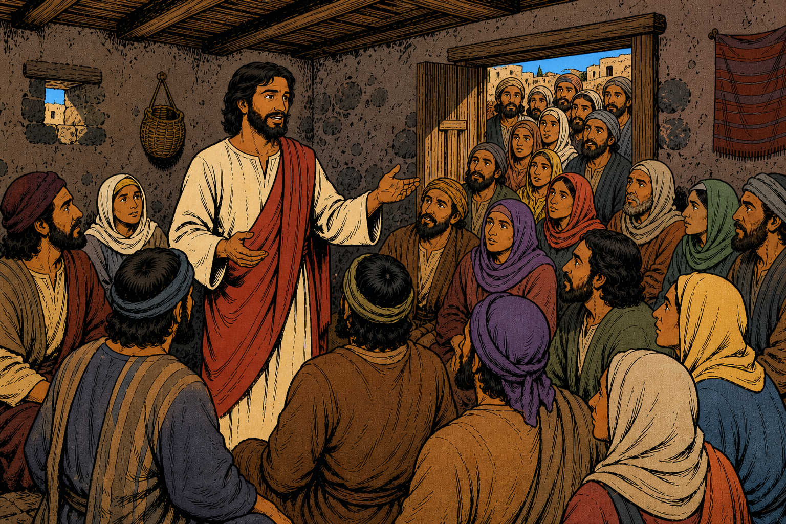 Jesus teaches a crowd that fills a modest house and gathers around its doorway.