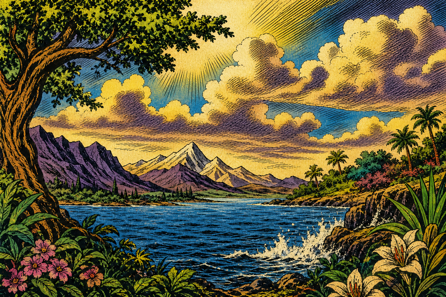 Quiet environmental panorama without a physical figure of God.