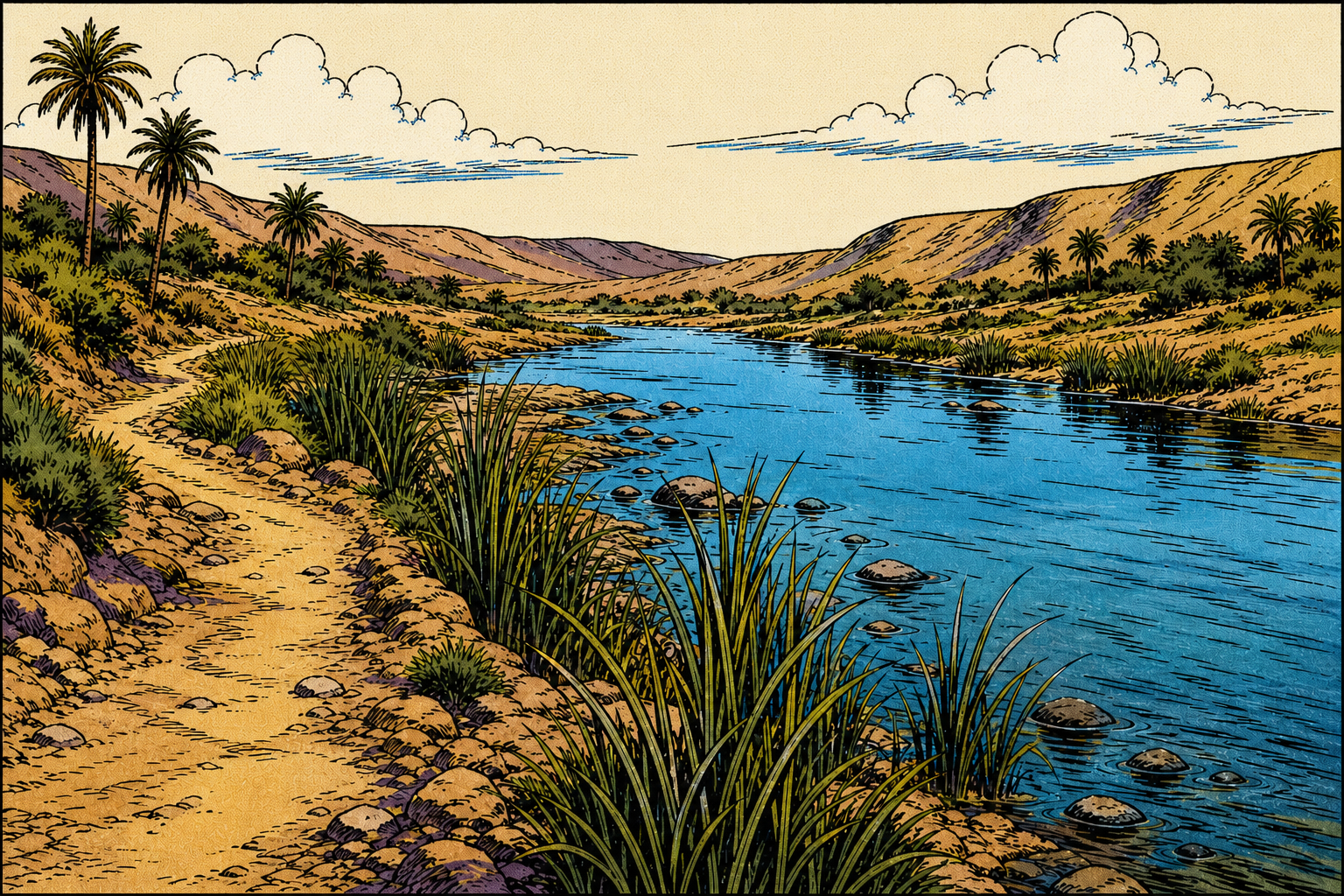 A winding footpath leads through dry hills and reeds toward the Jordan beneath a wide sky.